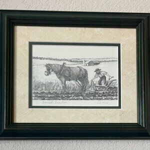 Vintage Amish Joseph Koch JoKo Tractor Pencil Drawing Print Framed Rural Artwork